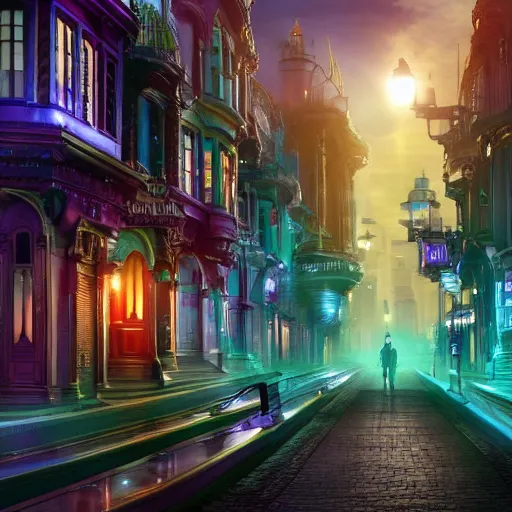 Prompt: a futuristic victorian city street, national geographic cover, award winning, 4 k, smooth, bright, light, colorful, victorian, futuristic, cyber - w 7 6 8