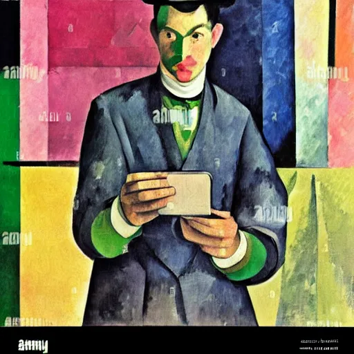 Prompt: A painting of a man holding a phone, collage, painting by Sonia Delaunay, by Paul Cézanne dull