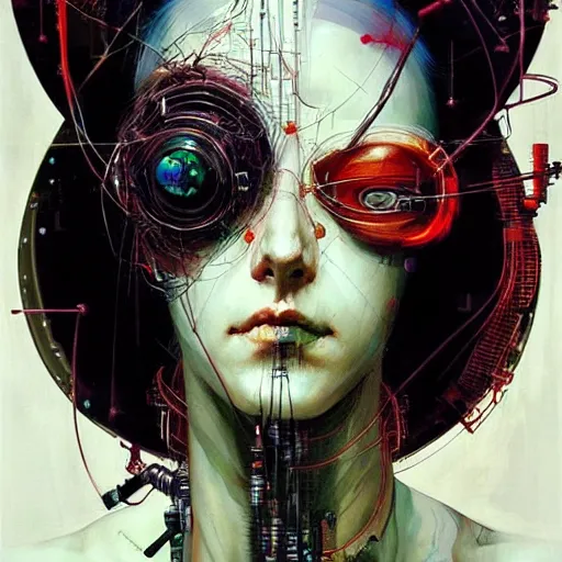 Prompt: woman cyberpunk hacker dream theief, wires cybernetic implants, in the style of adrian ghenie, esao andrews, jenny saville,, surrealism, dark art by james jean, takato yamamoto