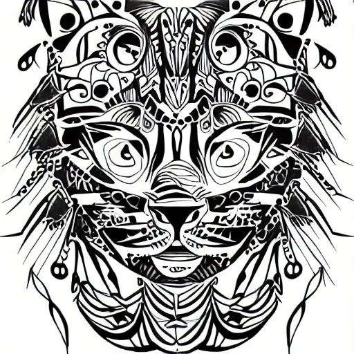 Image similar to { { tattoo sketch } } }, cat, { { without eye } }, draft, polinesian { ornament }, line art, vector