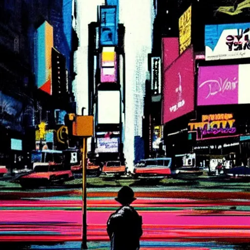 Prompt: a duck standing alone in Times Square 1985 by Ashley Wood, in the style of vaporwave, retro, colorful, neon