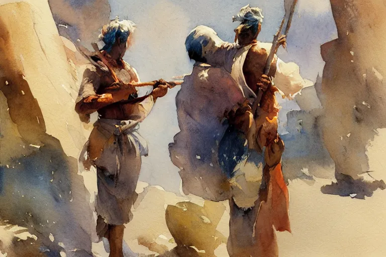 Prompt: small centered on watercolor paper, paint brush strokes, abstract watercolor painting of first humans in india, cinematic light, national romanticism by hans dahl, by jesper ejsing, by anders zorn, by greg rutkowski, by greg manchess, by tyler edlin