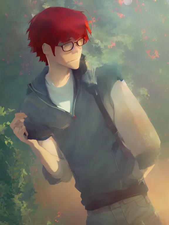 Prompt: [portrait of a adorable man with red hair, makoto shinkai, thomas kinkade, james gilleard, very detailed]