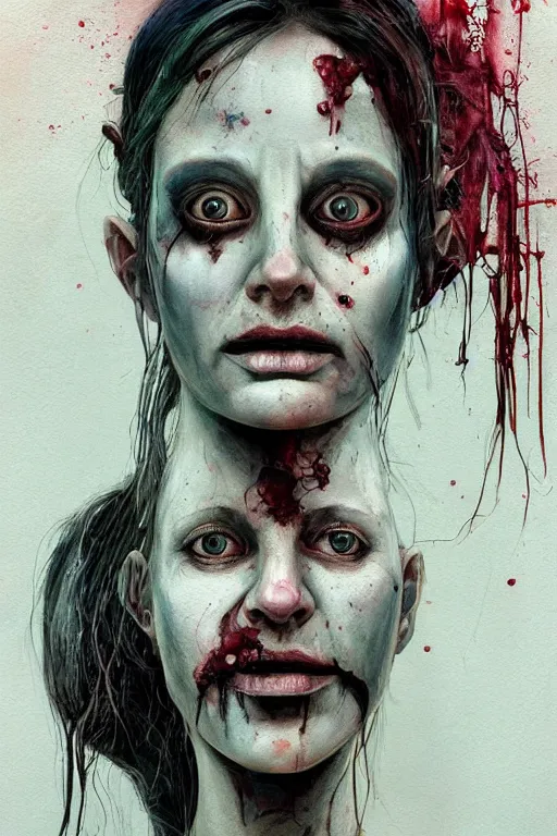 Image similar to watercolor cartoon grunge portrait of a creepy horror nurse girl . intricate abstract. intricate artwork. nightmare fuel. terrifying. by zdzisław Beksiński, wlop, dan mumford , trending on artstation, greg rutkowski very coherent symmetrical artwork. cinematic, hyper realism, high detail, octane render, 8k