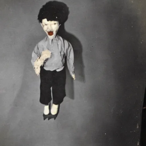 Prompt: 1 9 5 0 s, creepy toy puppet towards viewer, horror, lost photograph, forgotten, final photo found before disaster, polaroid,