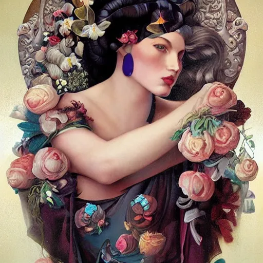 Image similar to dynamic composition, a painting of a woman with hair of flowers and raven plummage wearing ornate earrings, a surrealist painting by tom bagshaw and jacek yerga and tamara de lempicka and jesse king, featured on cgsociety, pop surrealism, surrealist, dramatic lighting, wiccan, pre - raphaelite, ornate gilded details