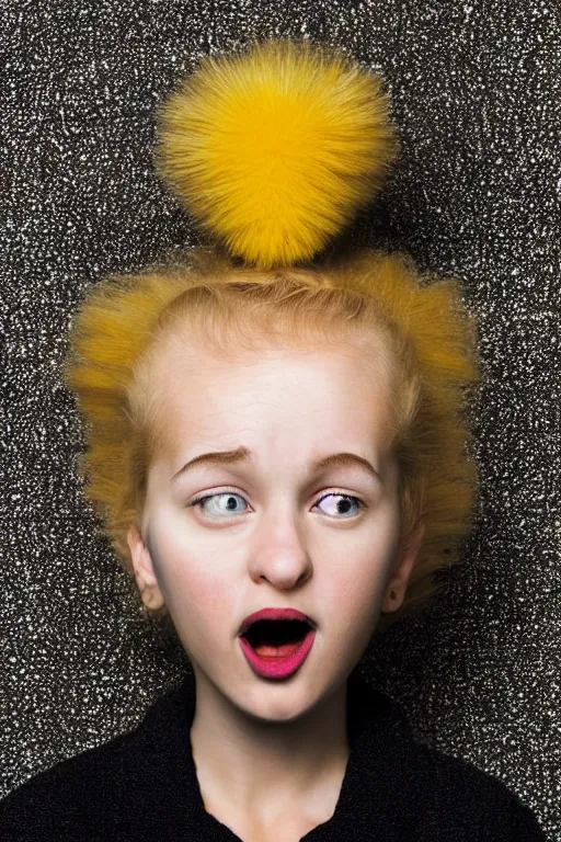 Image similar to studio portrait of girl that looks excactly like lisa simpson, lookalike, wears the same exact clothes, as if lisa simpson came to life, soft light, black background, fine details, close - up, award winning photo by martin schoeller