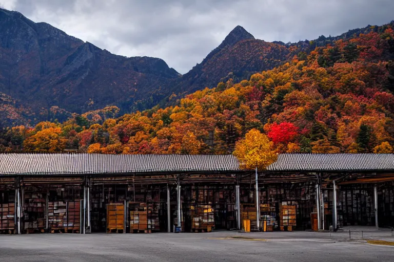 Image similar to warehouses lining a street, with an autumn mountain directly behind, lens compressed, photography