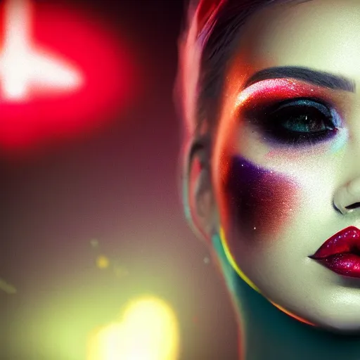 Image similar to A close-up of a beautiful girl with a surreal makeup reminding the swiss flag, octane render, bokeh, cyberpunk vibes, neons on the background