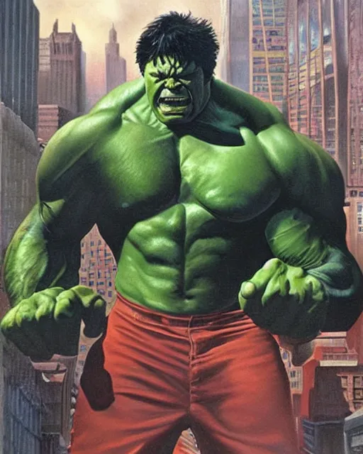 Image similar to a moody oil painting of the incredible hulk looking angry at noon in a city by alex ross.