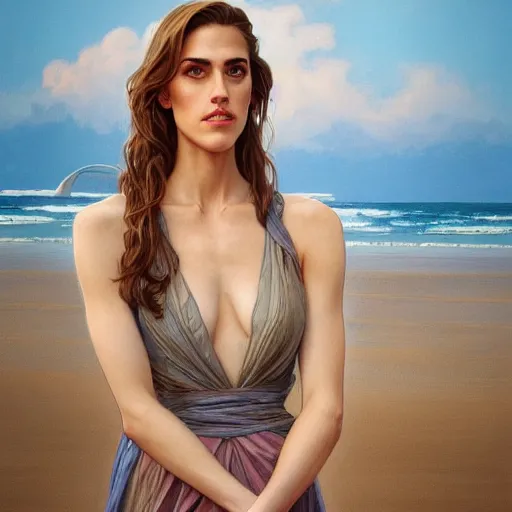 Image similar to beautiful ,allison williams standing in front of a beach, intricate, stunning, highly detailed, digital painting, artstation, concept art, smooth, sharp, focus, illustration, art by artgerm and greg rutkowski and alphonse mucha