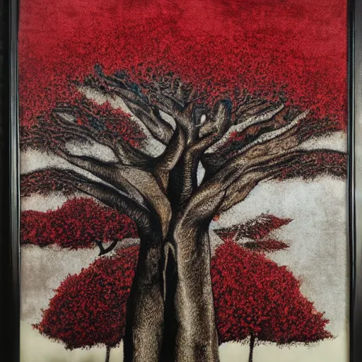 Prompt: tree made of velvet, velvet art, etching, velvet etching, velvet tree, red velvet material