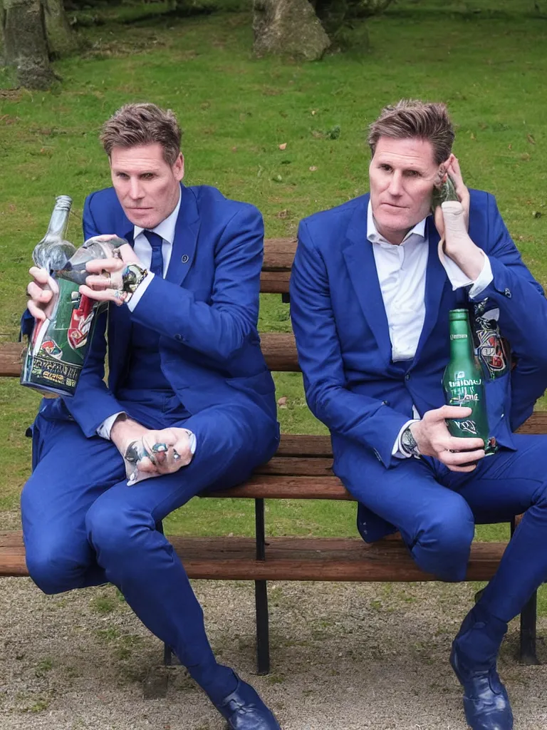 Image similar to Sir Kier Starmer in a blue suit wearing a flat cap on his head sitting on a bench alone holding a large plastic green bottle of cider, at his feet are empty cans and bottles