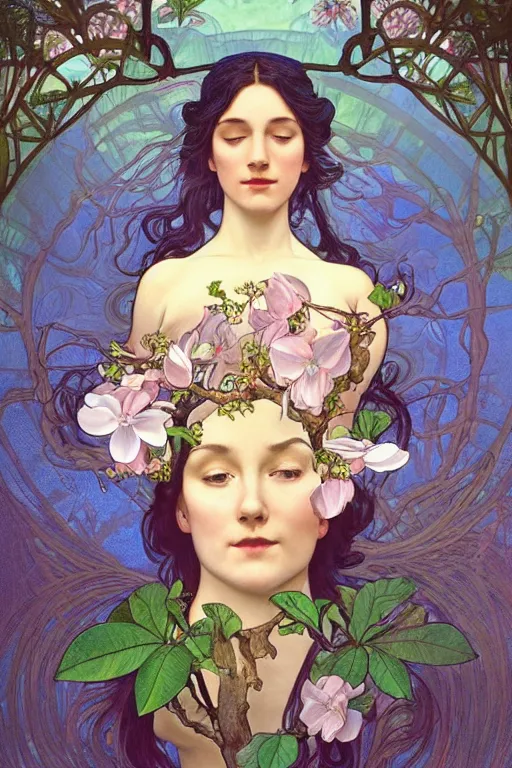 Image similar to a goddess of magnolias, queen of the garden!!, meditating in nature!!!! with a beautiful symmetrical face!!! cinematic lightning, isolated, studio lighting by alphonse mucha and tom bagshaw