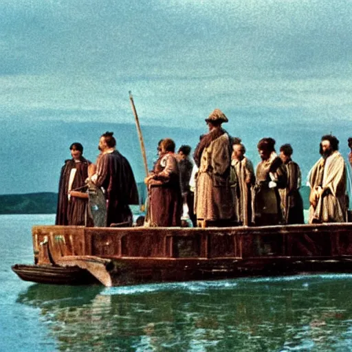 Image similar to Cinematic still of Stunned Men in 1st century clothing standing on a boat, looking in shock at the calm water, peaceful, epic directed by Ridley Scott