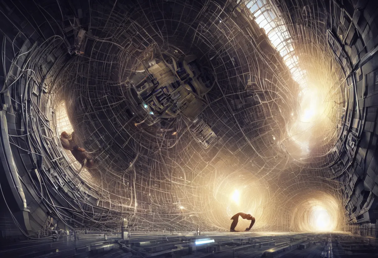 Prompt: man trapped inside cern large hadron collider, his body getting pulled apart by particle collision, ultra high definition, ultra detailed, symmetry, matte painting, by greg rutkowski and ross tran and wlop