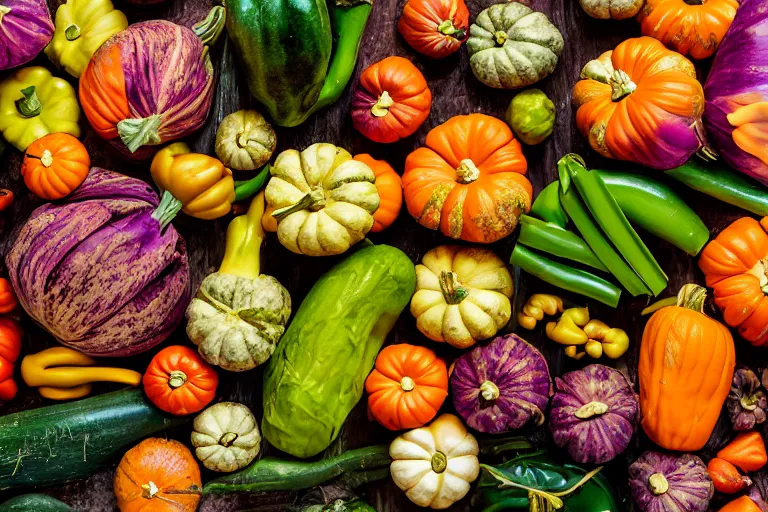 Prompt: magazine quality photo shoot of beautifully displayed fall vegetables, angle view