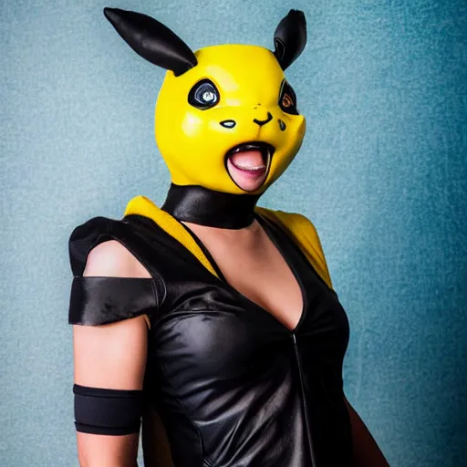 Image similar to woman dressed up as mortal kombat pikachu, cosplay, fashion portrait by Bruce Webber