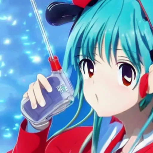 Image similar to miku drinks coca - cola ， anime key visual, digital art, anime screenshot, kyoto animation, makoto shinkai, trending on pixiv