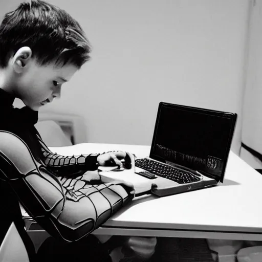 Image similar to spiderman sat at a desk playing games on a computer, 3 5 mm film photograph