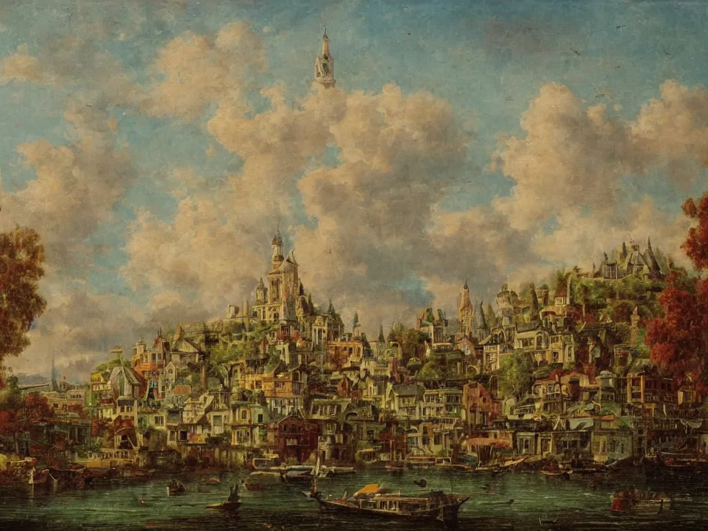 Prompt: an old small enchanted fantasy town, viewed from the harbor, by jean - baptist monge,