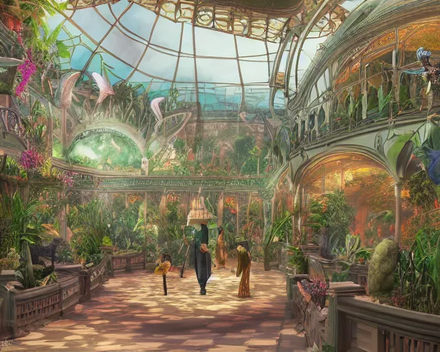 Prompt: Matte painting of the interior view of giant botanical museum. ArtNouveau architecture. Colorful birds flying. Exotic plants. Magical lanterns and chandeliers. Witches and wizards studying and walking. Fantastical, detailed digital art trending in artstation