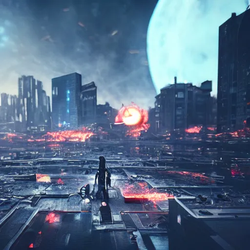 Image similar to a black hole is destroying a gothic cyberpunk City, catastrophic, fire and explosions, the feeling of dread, photorealistic, octane render, unreal engine