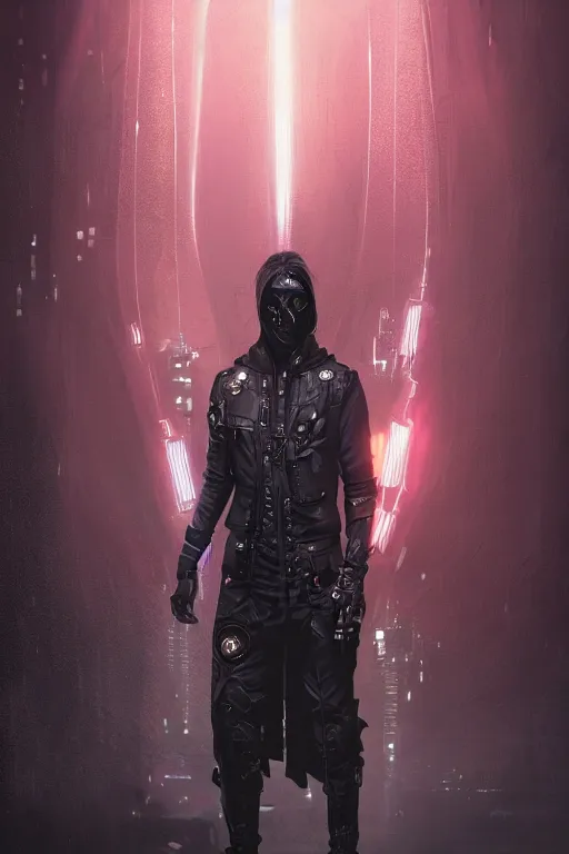 Prompt: A cyberpunk hunter villain who wears a black hooded leather jacket, stern face, prosthetic arm, and flowing ribbons of light pouring into him, cinematic lighting, hyper-detailed, cgsociety, 8k, high resolution, in the style of Charlie Bowater, Tom Bagshaw, Alexis Franklin, Elena Masci, Pawel Rebisz