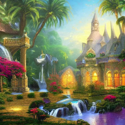 Prompt: A grand castle in the tropical forest by Thomas Kinkade, Oil on Canvas, Detailed, ArtstationHD