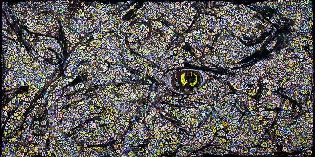 Image similar to camo made of eyes, technical, acrylic, teeth, eerie, tribal, clay, dotting, lines, stipple, points, cybernetic, style of old painting, francis bacon art, swirly eyes, hypnosis, eerie, terror, oil, neon, black and white, splotches, colorful dots, ominous,