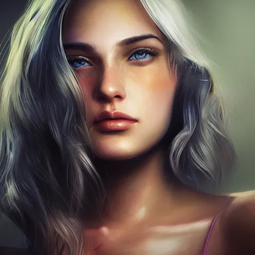 Image similar to detailed portrait of a beautiful young woman, concept art, digital art, studio lightning, bright colors, intricate, masterpiece, photorealistic, hiperrealistic, sharp focus, high contrast, intricate, Artstation HQ, DeviantArt trending, 4k UHD, Unreal Engine 5