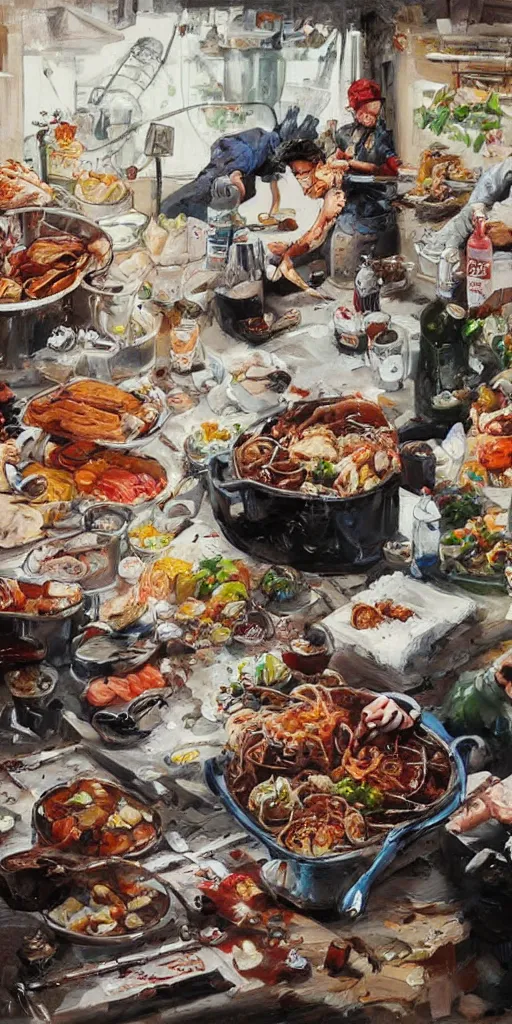 Image similar to oil painting scene from food dump by kim jung gi