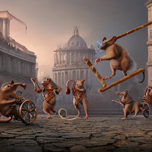 Image similar to Rats invade Ancient Rome with catapults, intricate artwork by Tooth Wu and wlop and beeple, octane render, hyper realism, 8k @Zireael [AI Picture & Banner]