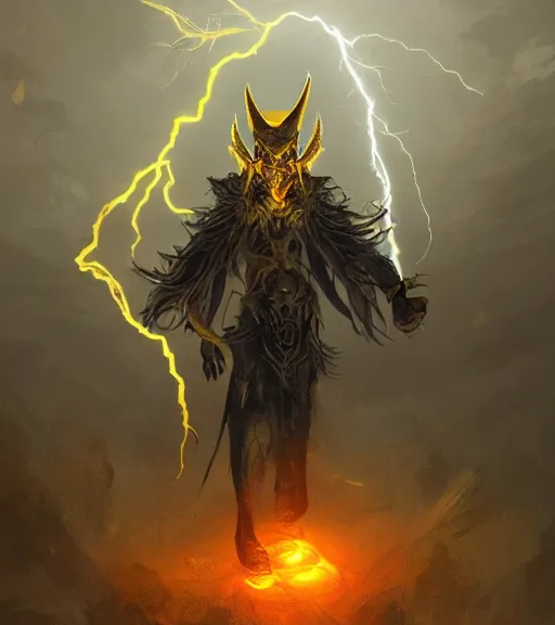 Image similar to a wizard summoning lightning from the sky, glowing yellow eyes, intricate, highly detailed, artstation, concept art, perfect composition, dynamic lighting, illustration, volumetric lighting, illustration, sharp focus, art by A. Shipwright