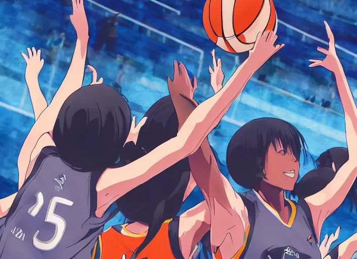 Prompt: WNBA anime illustration of women playing basketball, anime scene by Makoto Shinkai