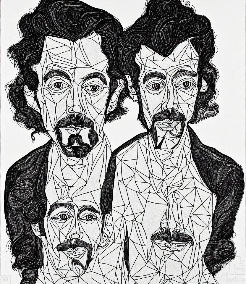 Prompt: detailed line art portrait of alan watts, inspired by egon schiele. caricatural, minimalist, bold contour lines, musicality, soft twirls curls and curves, confident personality, raw emotion