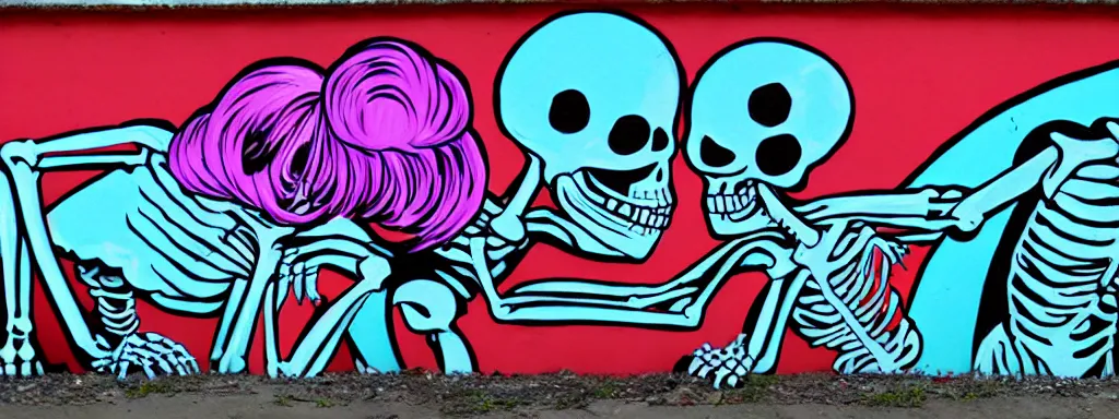 Prompt: ska skeleton and girlfriend, graffiti art, 8 0 s checkerboard 6 6 6, digital art, chalk, ultra detailed by tara mcpherson and gary houston, 5 0 mm