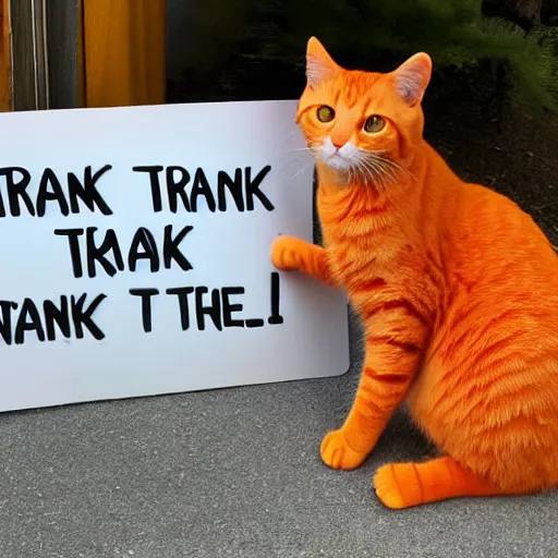Prompt: orange cat holding a sign that says