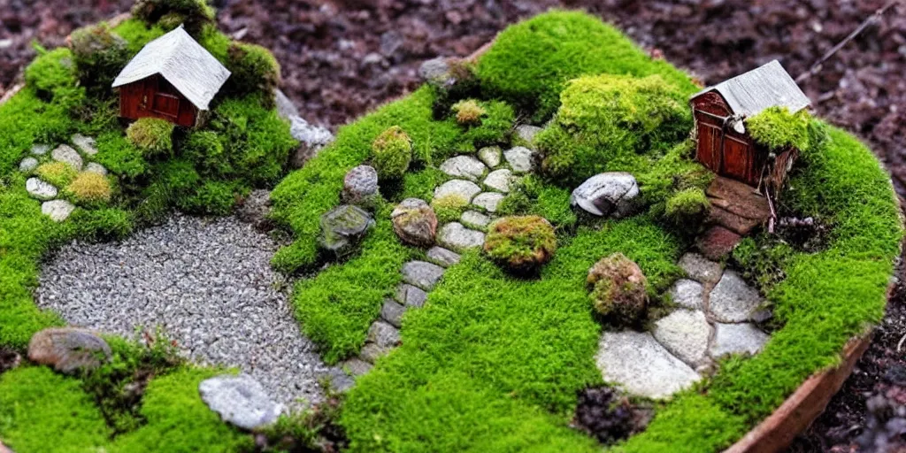 Image similar to miniature garden, cottagecore, moss, plants, cute, friendly