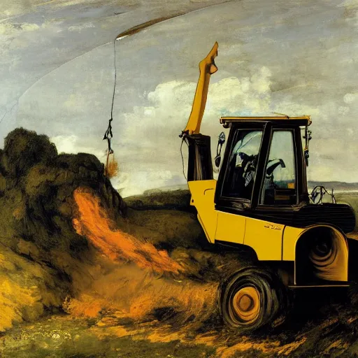 Image similar to gustave courbet painting of rob voltage cross laughing manically whilst driving a jcb digger through the gates of hell