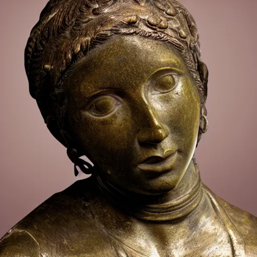 Prompt: detailed photo of an old bronze patina statue of a woman head and shoulder portrait, intricate detail, museum diffuse lighting