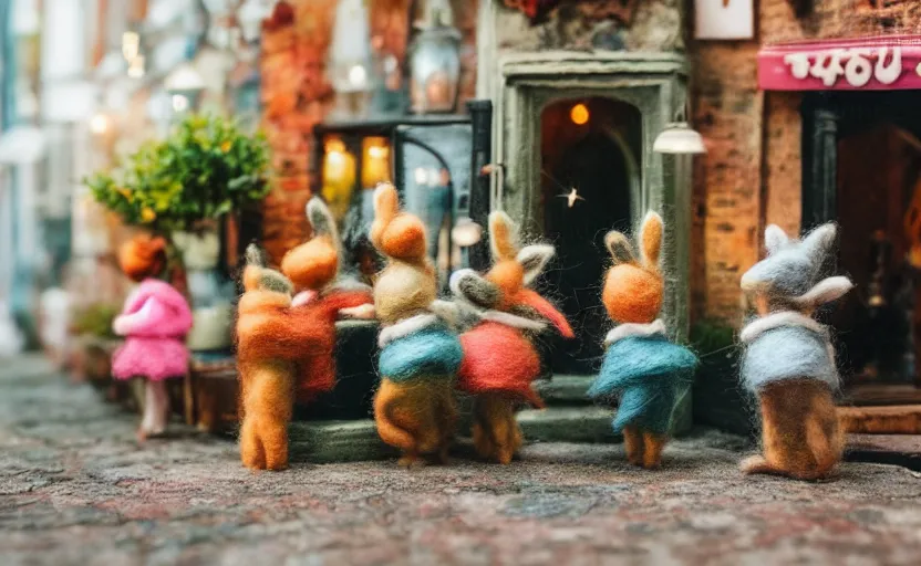 Image similar to miniature cafe diorama, macro photography, cafe with felted bunnies on a date, alleyway, ambient, atmospheric, british, cozy, bokeh, romantic, colorful lanterns