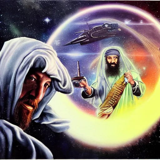 Image similar to painting of ian mckellen as osama bin laden fighting an alien invasion in deep space by creatures from jupiter, arial shot, highly detailed, award painting, 8 k, alien landscape