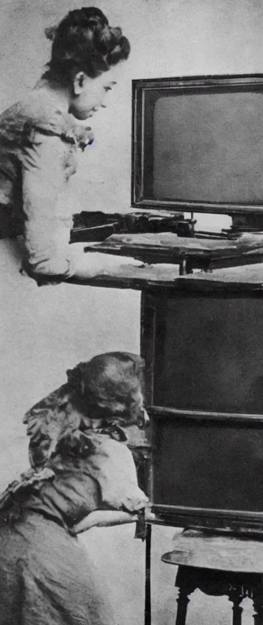 Image similar to 1 9 0 0 s photo of a person watching a flat screen hd tv