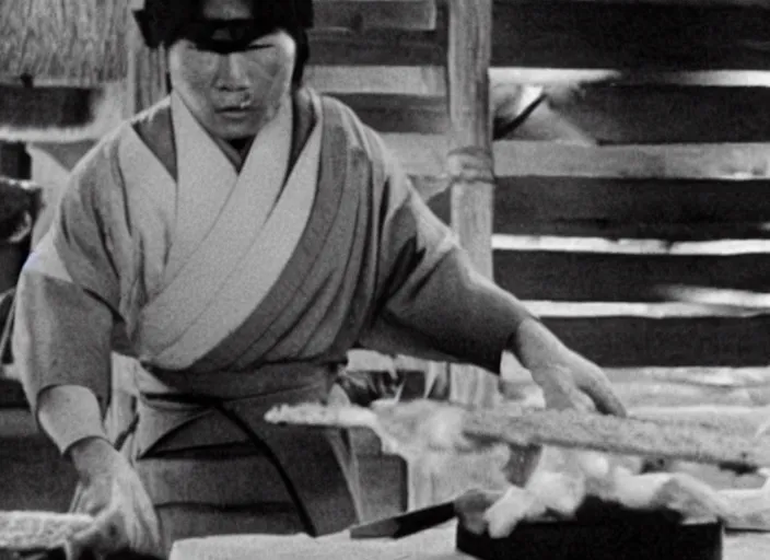 Image similar to a movie still of a samurai slicing through a loaf of bread by Akira Kurosawa