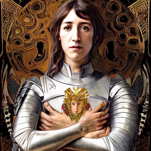 Image similar to portrait of charlotte gainsbourg as joan of arc in armor, hyperrealistic digital painting, iconography influenced by alphonse mucha and eugene delacroix, arstation and deviantart trends, high resolution 8 k