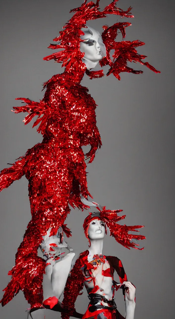 Image similar to photo from a fashion shoot, a female fashion character design wearing a red sequined bodysuit, alexander mcqueen headdress, costume by eiko ishioka, haute couture, steven outram, colorful and psychedelic