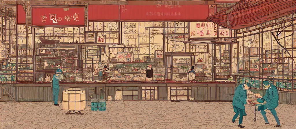 Image similar to a beautiful simple 4 k hd wallpaper illustration of interior view display of the corner of roasted string hotpot shop, simple style, from china, with merchant logo, simple structure, surrealistic, chinese style, victo ngai, james jean, denoise, deblurring