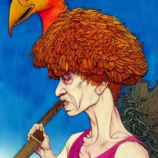 Image similar to a realistic and atmospheric watercolour fantasy character concept art portrait of big bird with pink eyes wearing a wife beater and smoking a huge blunt by rebecca guay, michael kaluta, charles vess and jean moebius giraud