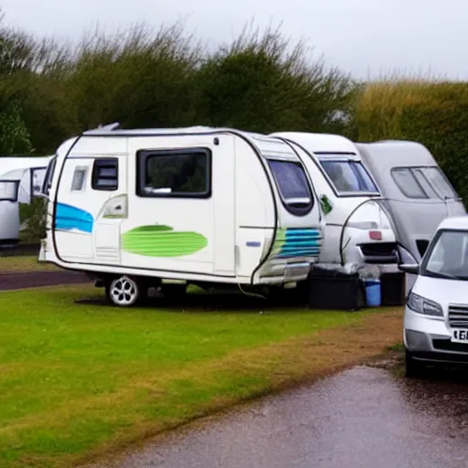 Prompt: rainy uk caravan holiday